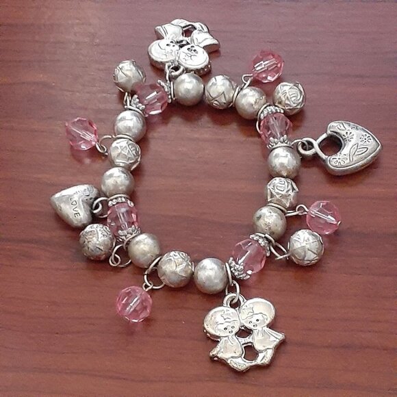 Friendship Stretch Charm Bracelet Valentine Rose and Pink Beads Silver-Tone Teen - Picture 6 of 12